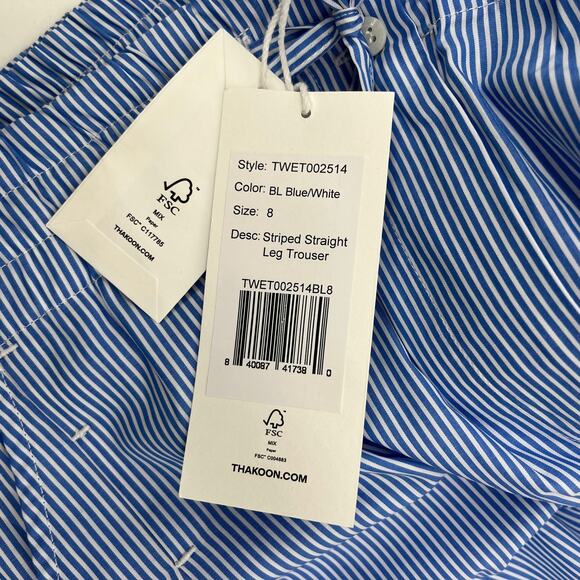 THAKOON Striped Straight Leg Trouser Blue White Drawstring High Waist Size 8 NEW - Picture 11 of 12